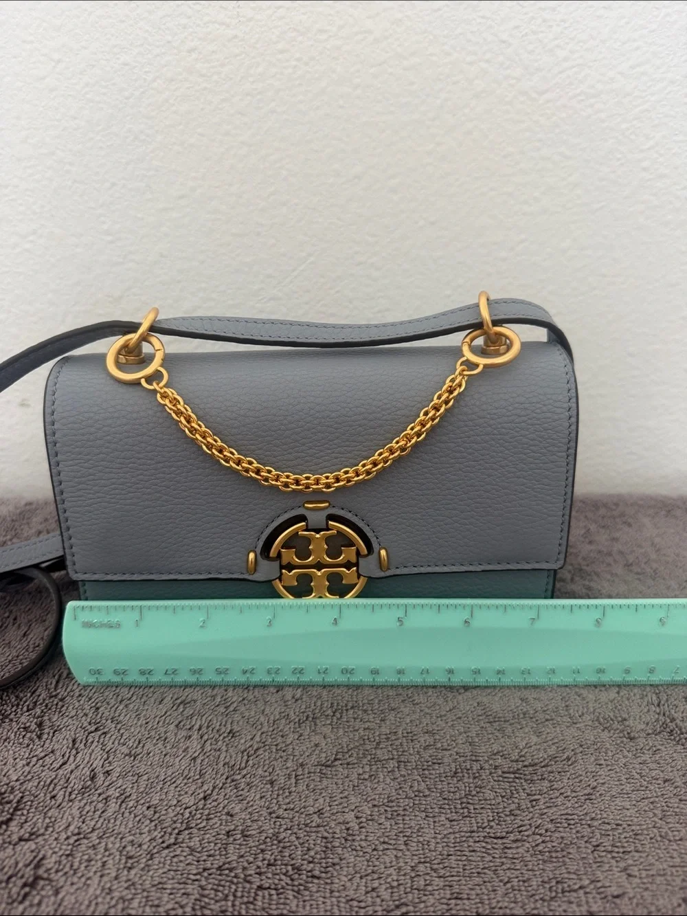 ✨Tory Burch ✨Gray Fleming Mini Crossbody with Gold Hardware in grey blue